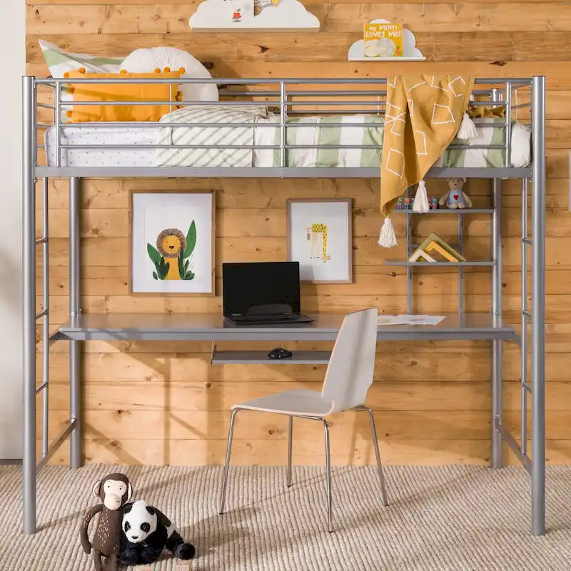 Twin Metal Loft Bed with Desk - Silver