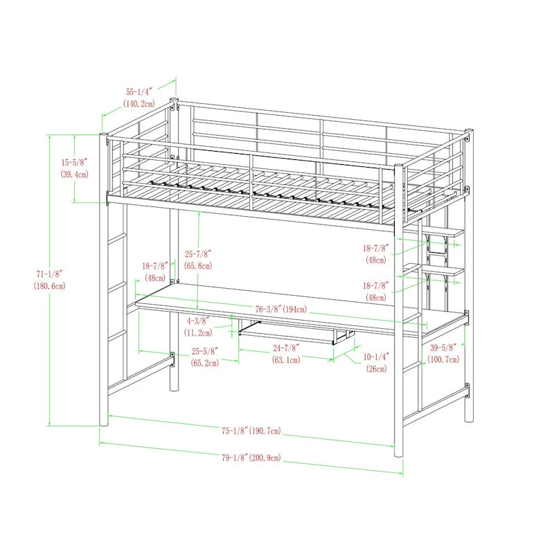 Lit mezzanine double en métal avec bureau - Argent