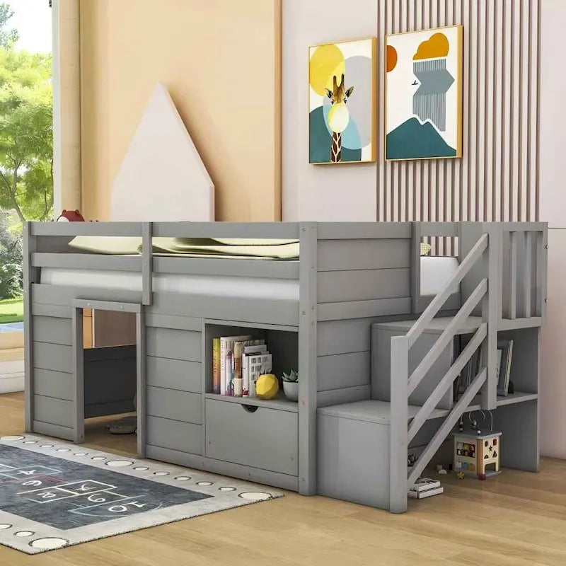 Solid Wood Low Loft Bed With Drawer and Stair,Twin Szie