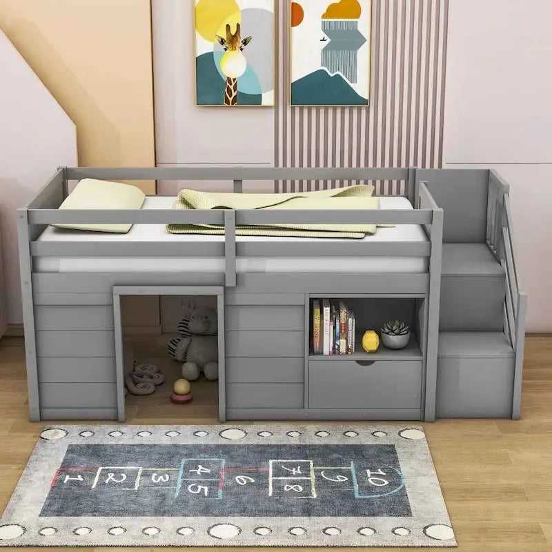 Solid Wood Low Loft Bed With Drawer and Stair,Twin Szie
