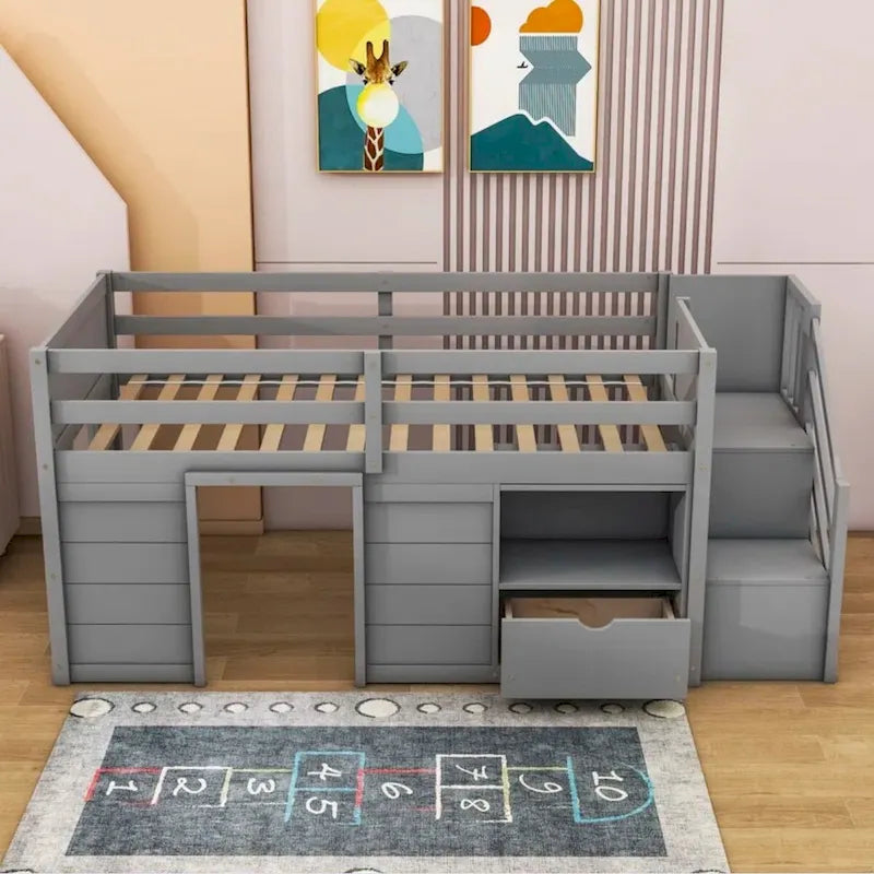 Solid Wood Low Loft Bed With Drawer and Stair,Twin Szie