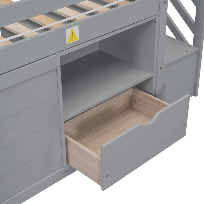 Solid Wood Low Loft Bed With Drawer and Stair,Twin Szie