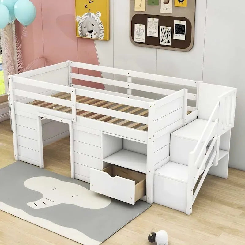 Solid Wood Low Loft Bed With Drawer and Stair,Twin Szie