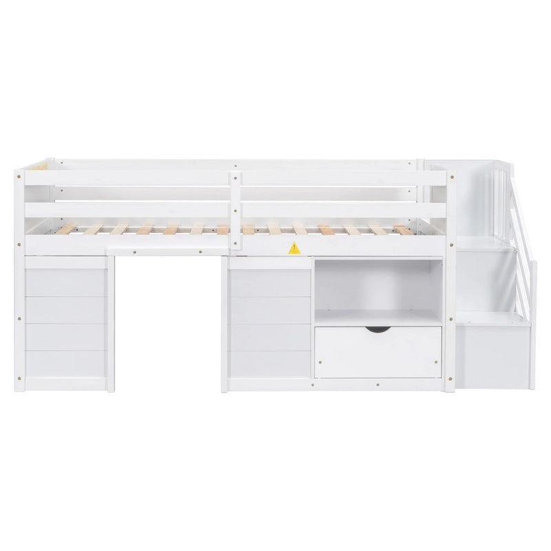 Solid Wood Low Loft Bed With Drawer and Stair,Twin Szie