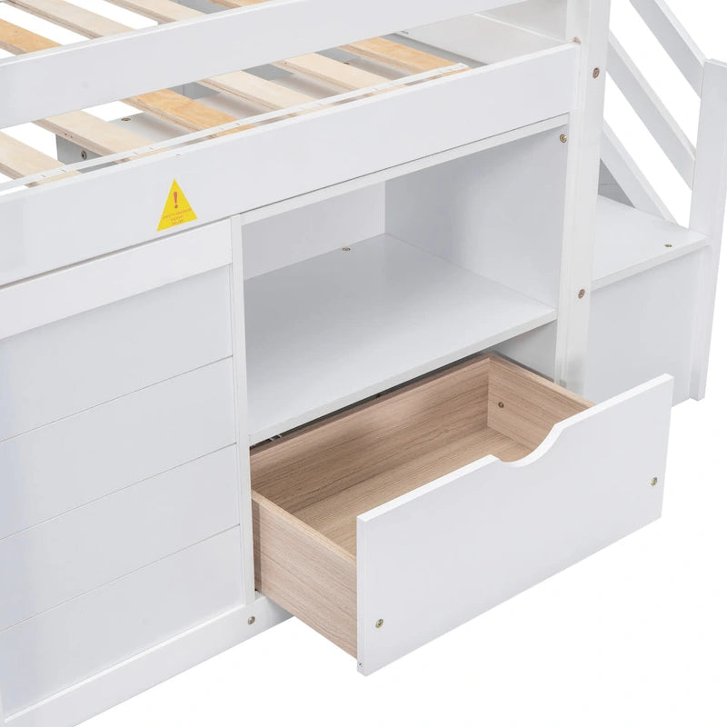 Solid Wood Low Loft Bed With Drawer and Stair,Twin Szie