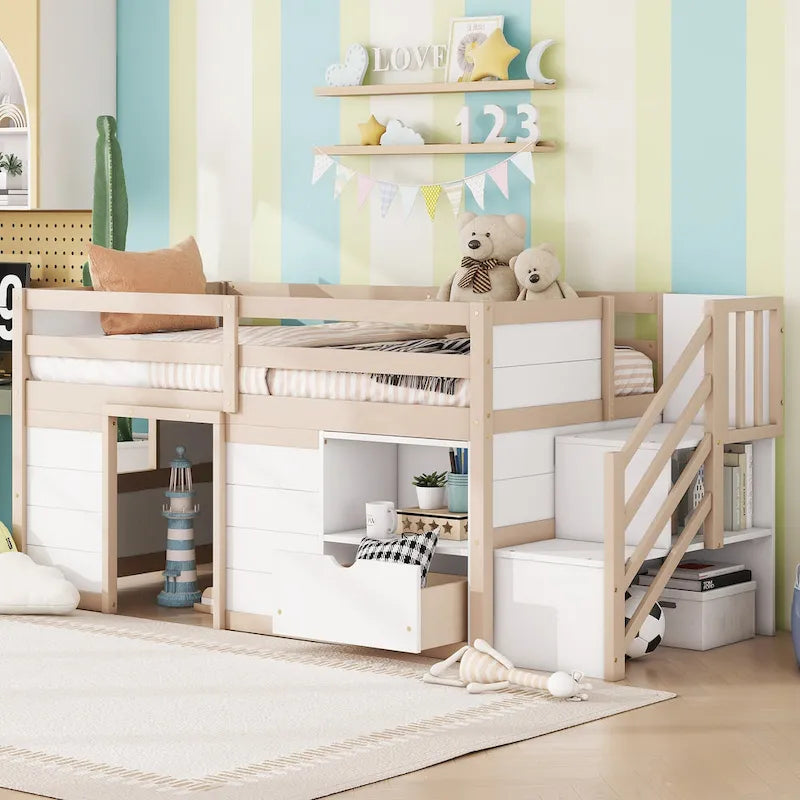 Solid Wood Low Loft Bed With Drawer and Stair,Twin Szie