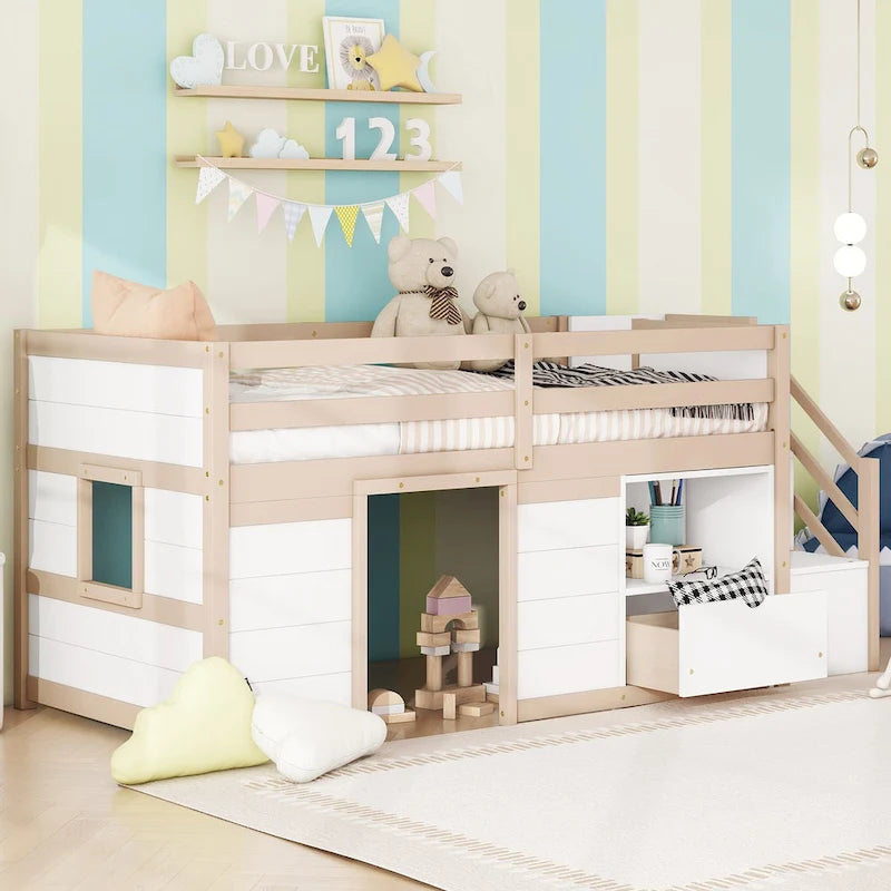 Solid Wood Low Loft Bed With Drawer and Stair,Twin Szie