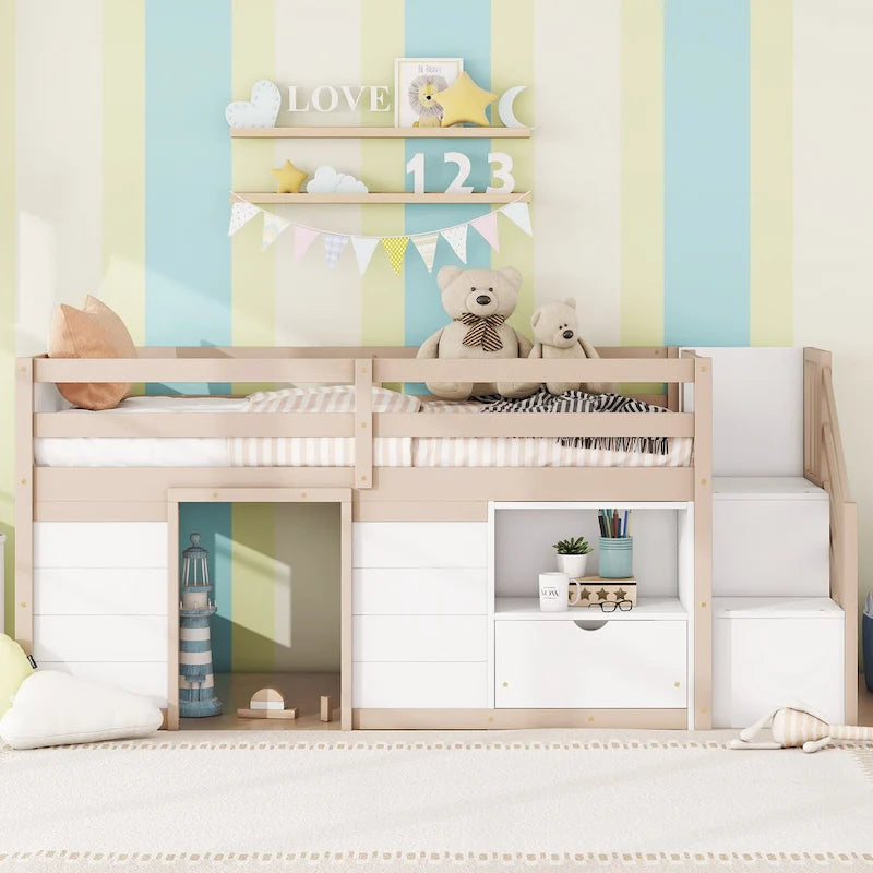 Solid Wood Low Loft Bed With Drawer and Stair,Twin Szie