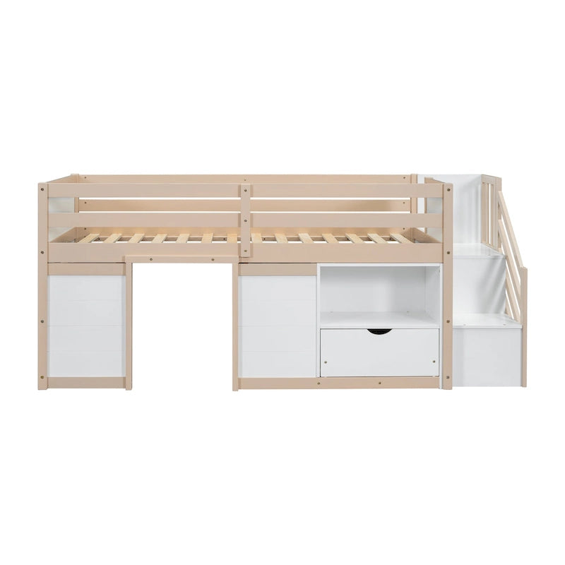 Solid Wood Low Loft Bed With Drawer and Stair,Twin Szie