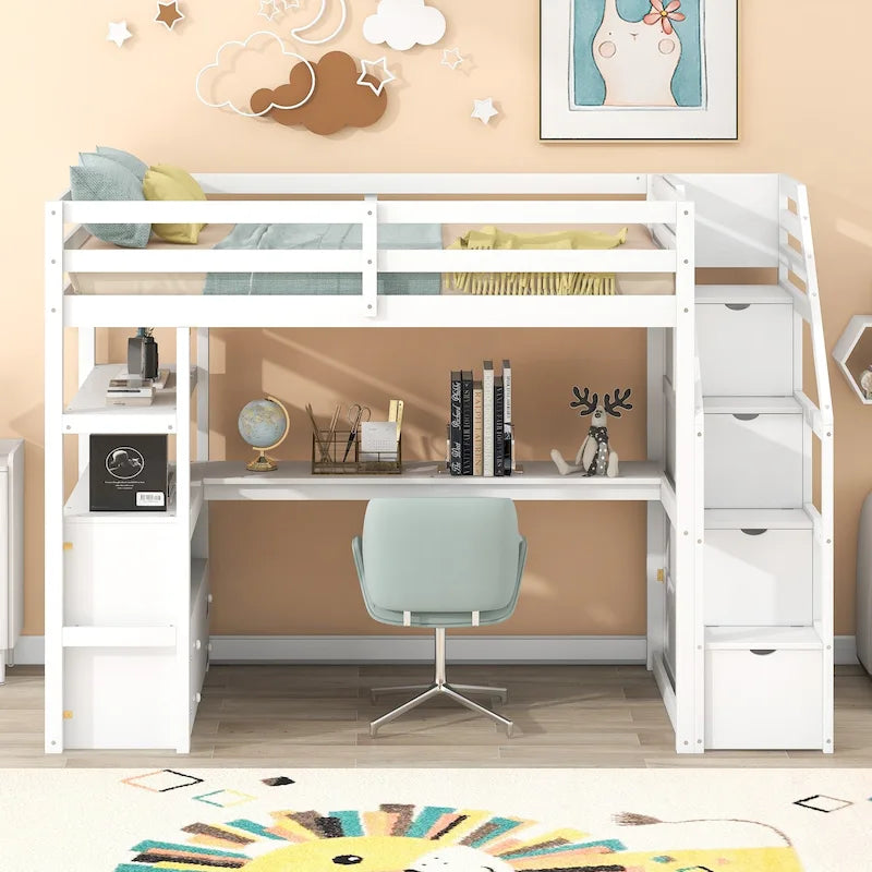 Twin Size Loft Bed with Desk and Shelves, Two Built-in Drawers, Storage Staircase