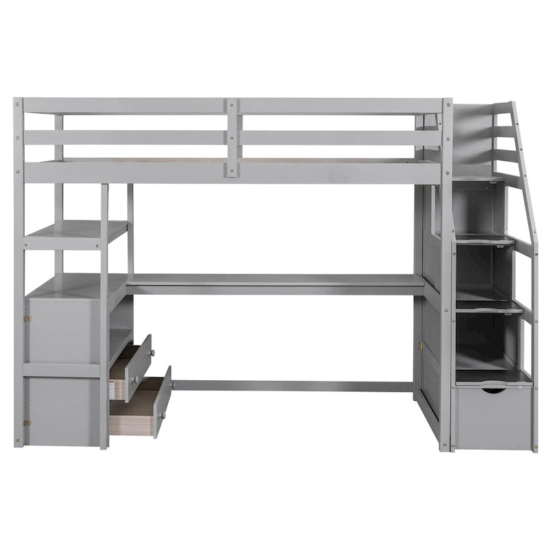 Twin Size Loft Bed with Desk and Shelves, Two Built-in Drawers, Storage Staircase
