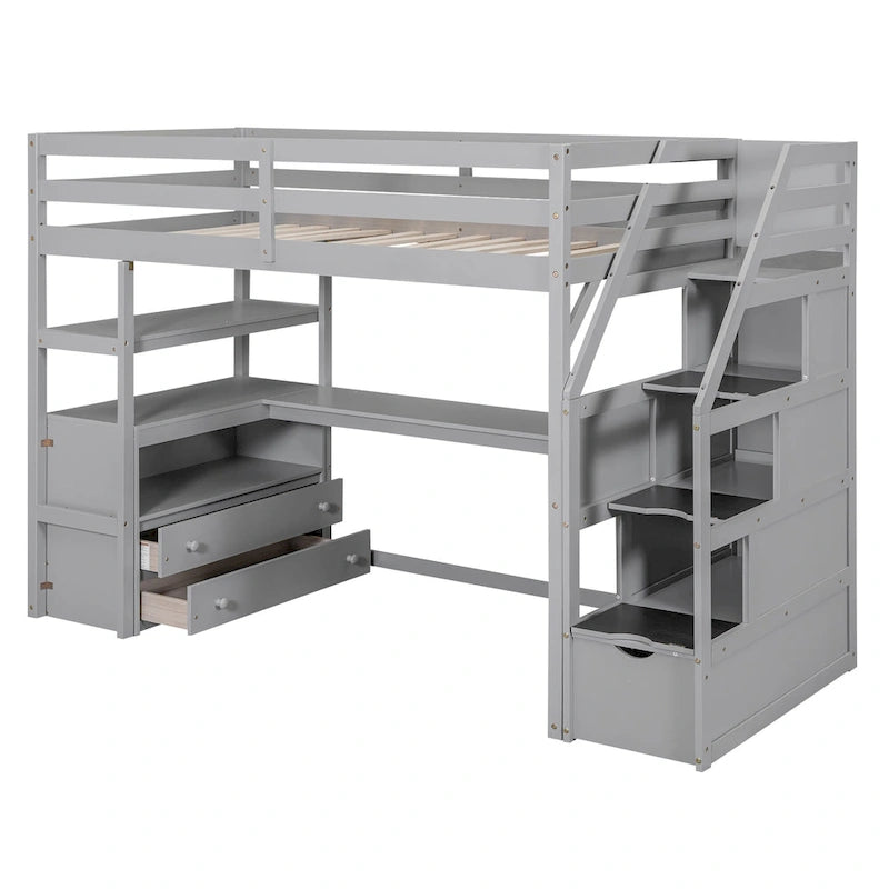 Twin Size Loft Bed with Desk and Shelves, Two Built-in Drawers, Storage Staircase