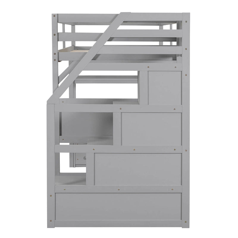 Twin Size Loft Bed with Desk and Shelves, Two Built-in Drawers, Storage Staircase