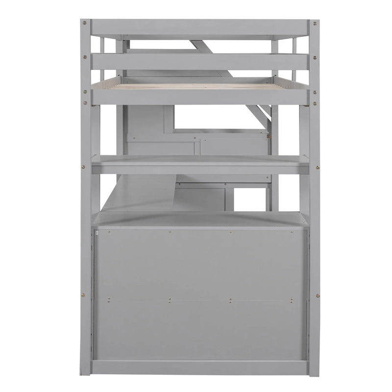 Twin Size Loft Bed with Desk and Shelves, Two Built-in Drawers, Storage Staircase