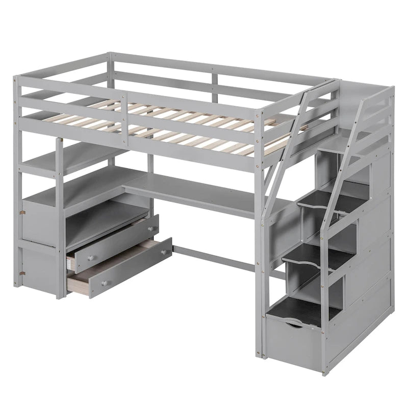 Lit mezzanine taille jumeau avec bureau et étagères, deux tiroirs intégrés, escalier de rangement