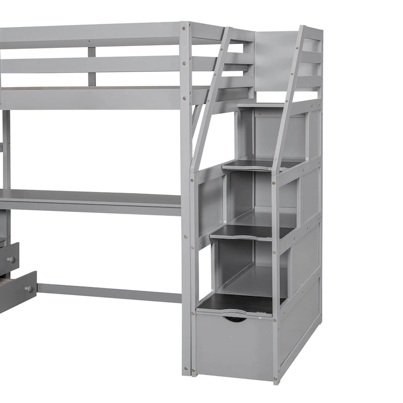 Lit mezzanine taille jumeau avec bureau et étagères, deux tiroirs intégrés, escalier de rangement