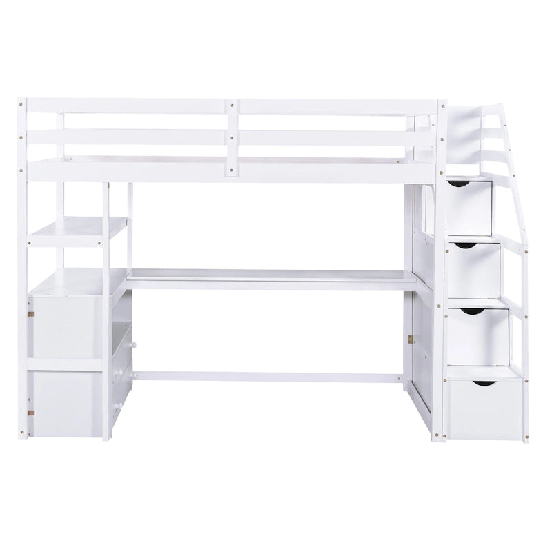 Lit mezzanine taille jumeau avec bureau et étagères, deux tiroirs intégrés, escalier de rangement