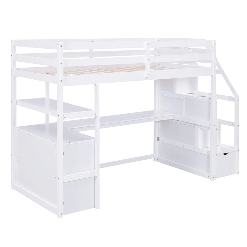 Lit mezzanine taille jumeau avec bureau et étagères, deux tiroirs intégrés, escalier de rangement