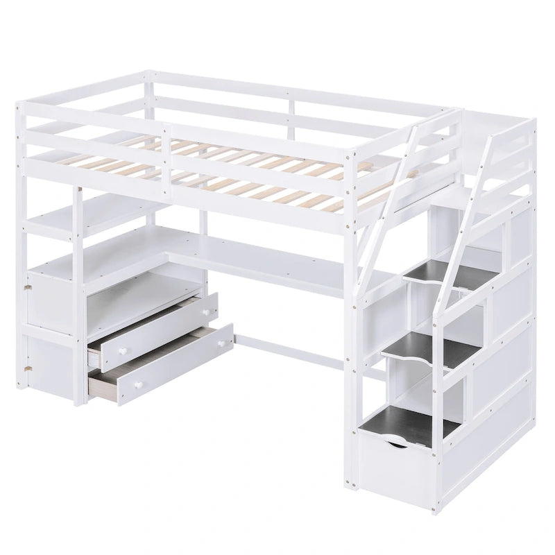 Lit mezzanine taille jumeau avec bureau et étagères, deux tiroirs intégrés, escalier de rangement