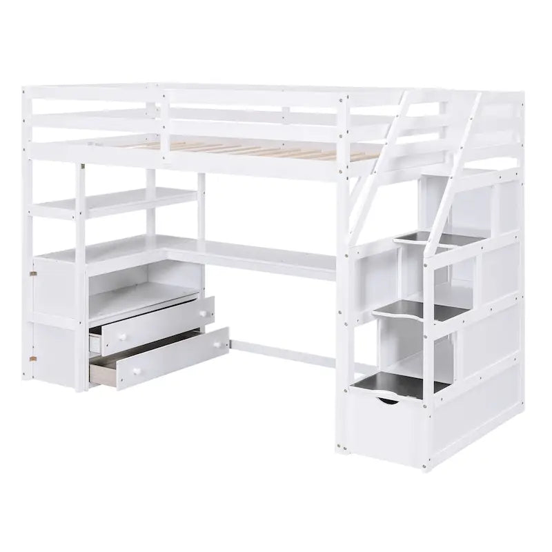 Lit mezzanine taille jumeau avec bureau et étagères, deux tiroirs intégrés, escalier de rangement