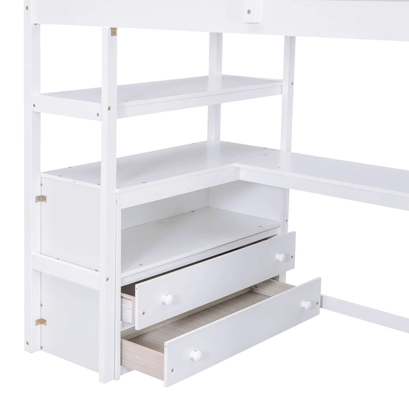 Lit mezzanine taille jumeau avec bureau et étagères, deux tiroirs intégrés, escalier de rangement