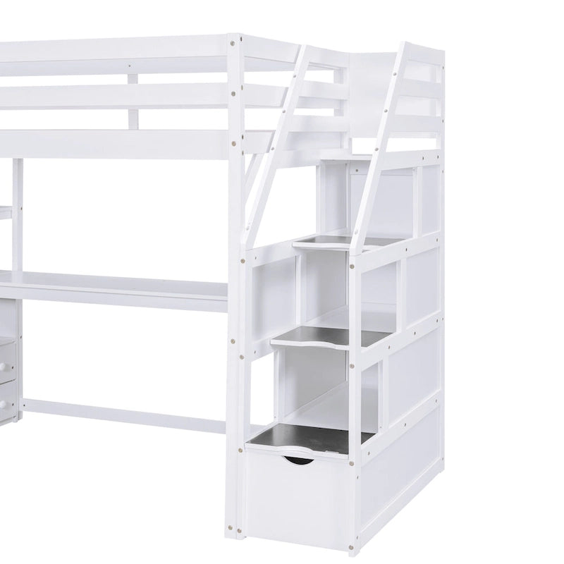 Lit mezzanine taille jumeau avec bureau et étagères, deux tiroirs intégrés, escalier de rangement
