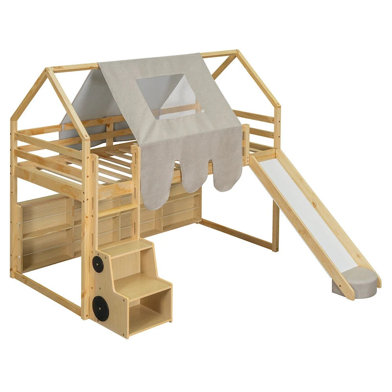 Twin Loft Bed with Play Tent, House Design, Slide & Ladder