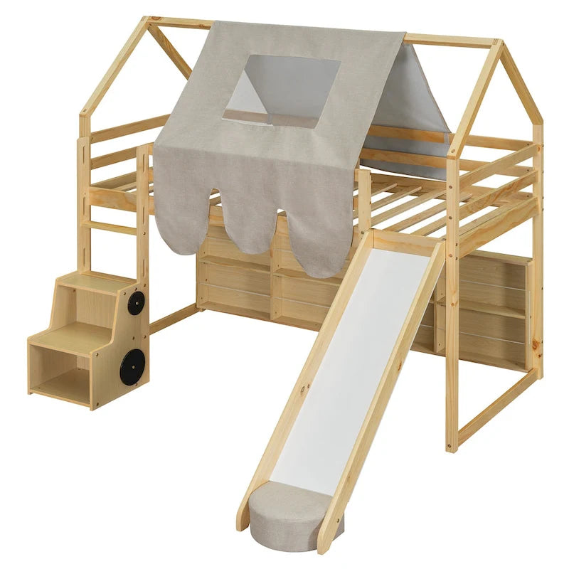 Twin Loft Bed with Play Tent, House Design, Slide & Ladder
