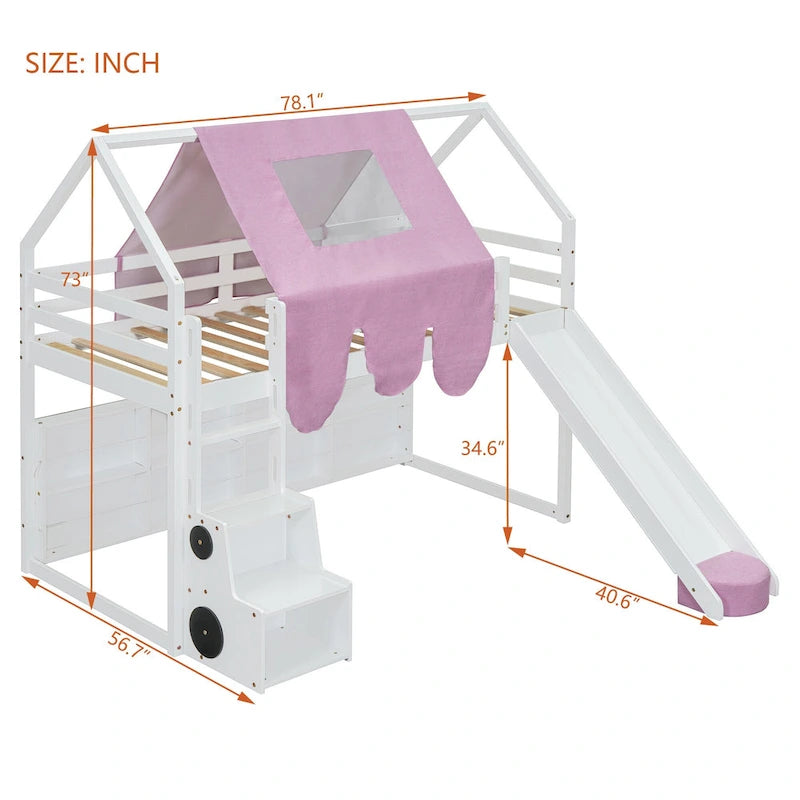 Twin Loft Bed with Play Tent, House Design, Slide & Ladder
