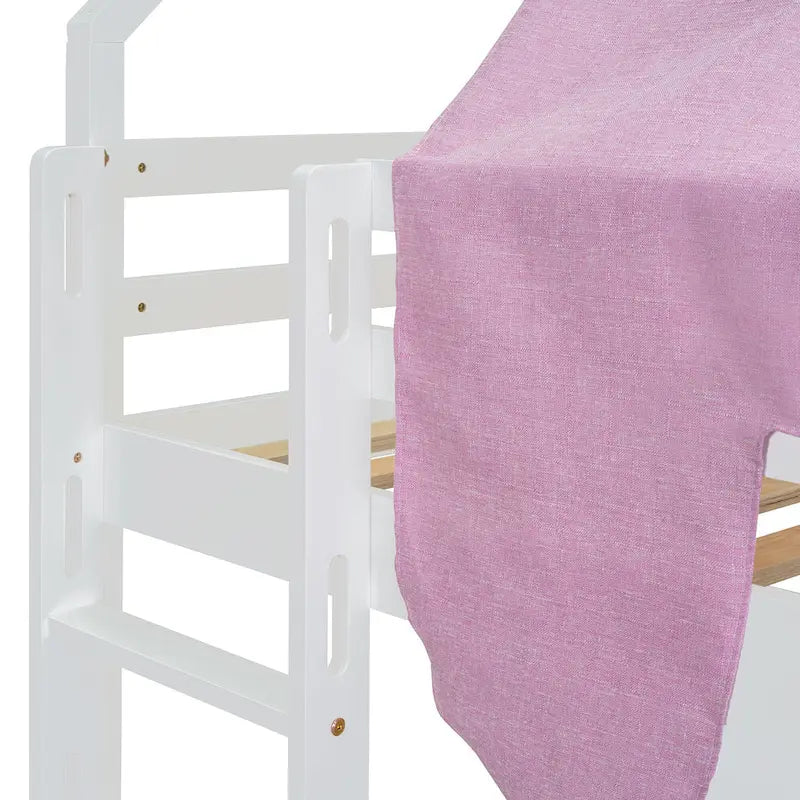 Twin Loft Bed with Play Tent, House Design, Slide & Ladder
