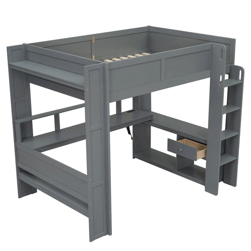Lit mezzanine double avec bureau, étagères de rangement multiples, LED, station de recharge