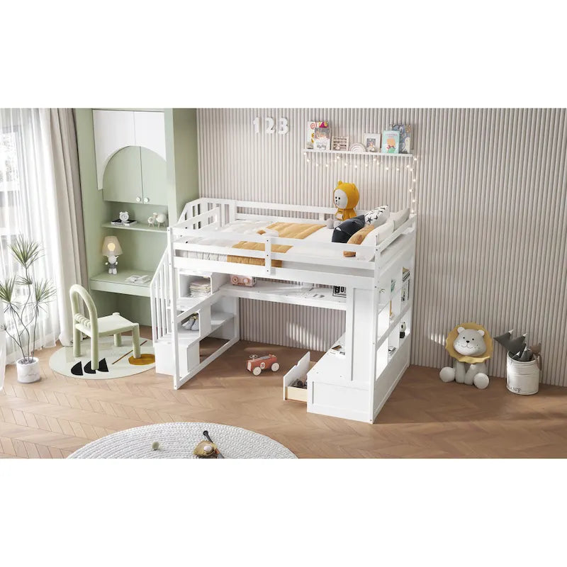 Full Size Loft Bed w/Desk,Shelves,Built-in Drawers,Storage Staircase
