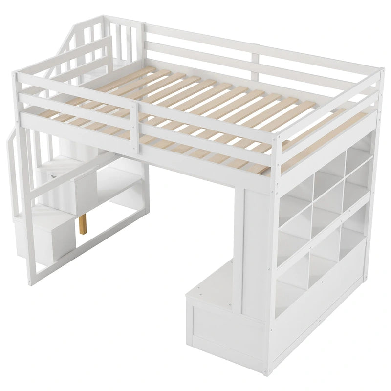 Full Size Loft Bed w/Desk,Shelves,Built-in Drawers,Storage Staircase