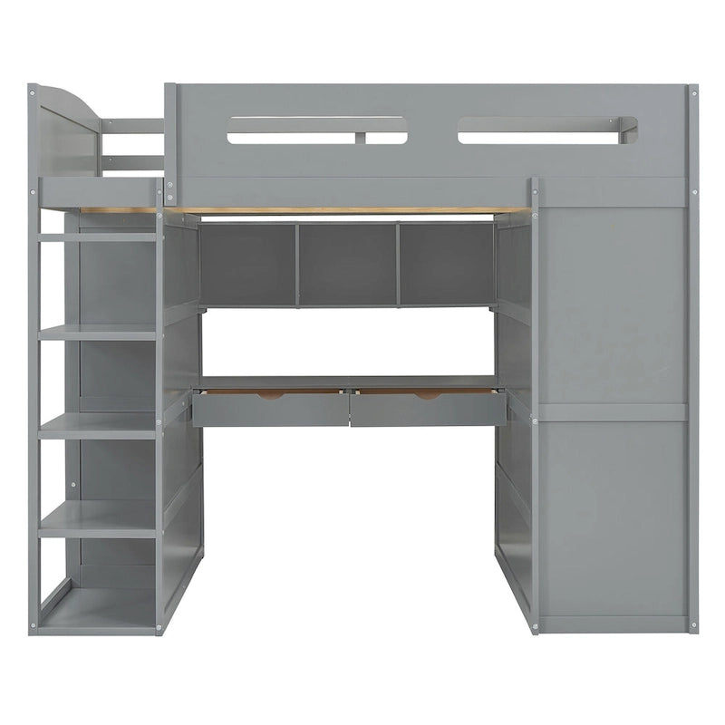 Full Size Loft Bed with Desk, Wardrobes, 4 Drawers and 4 Shelves-White