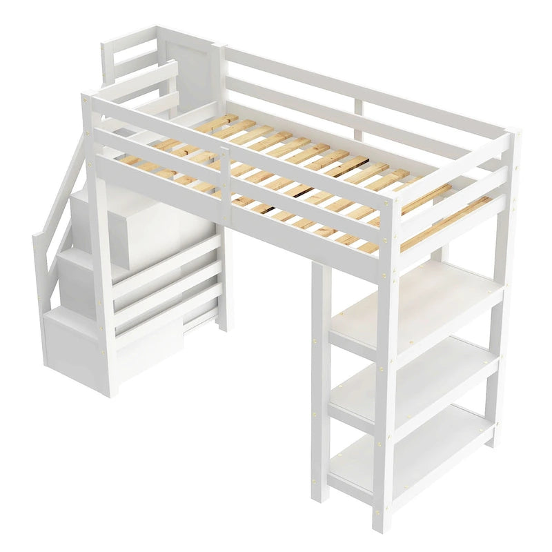 Twin Size Loft Bed with Shelves, Storage Staircase, Small Wardrobe and White LED Light, White