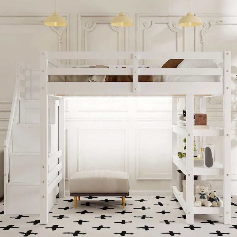 Twin Size Loft Bed with Shelves, Storage Staircase, Small Wardrobe and White LED Light, White