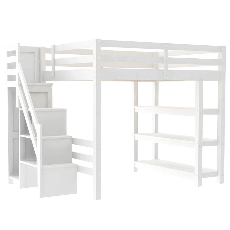 Modern Loft Bed with Shelves, Storage Staircase, Wardrobe & White LED Light