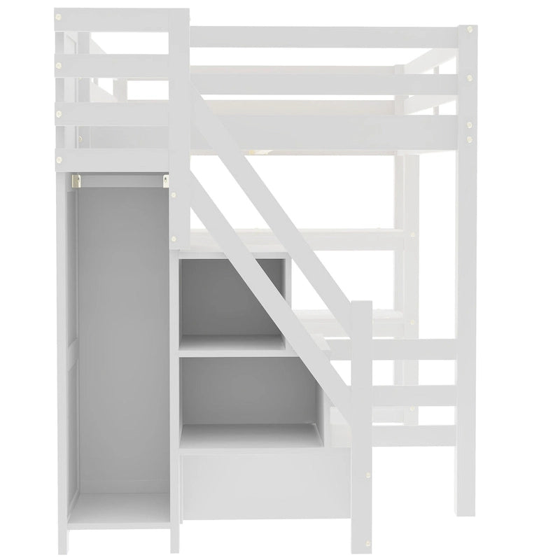 Modern Loft Bed with Shelves, Storage Staircase, Wardrobe & White LED Light