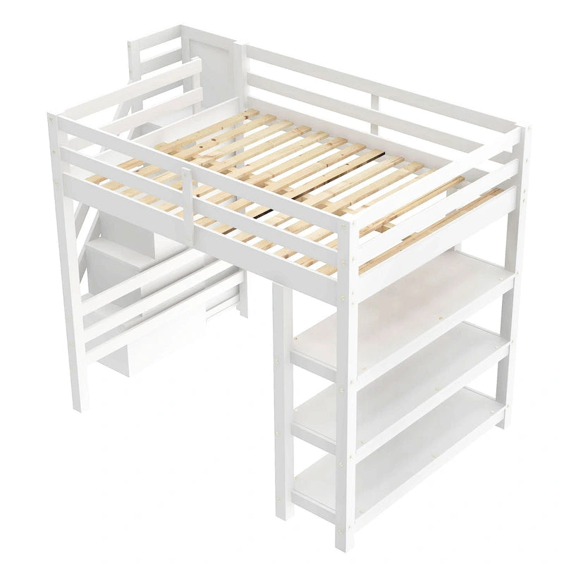 Modern Loft Bed with Shelves, Storage Staircase, Wardrobe & White LED Light