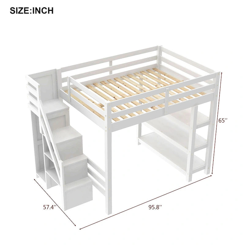 Modern Loft Bed with Shelves, Storage Staircase, Wardrobe & White LED Light