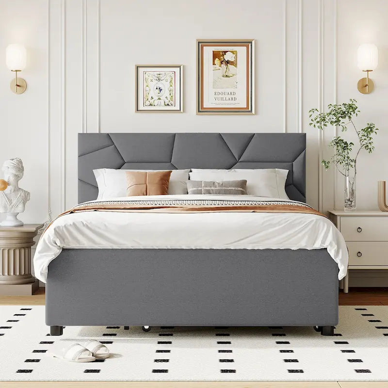 Brick Pattern Headboard Bed Frame Linen Fabric Upholstered Platform Bed, Wood Panel Bed wTrundle Bed & 2 Drawers,Low Profile Bed