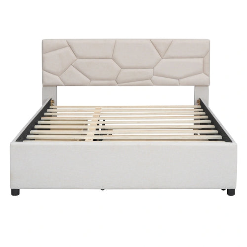 Brick Pattern Headboard Bed Frame Linen Fabric Upholstered Platform Bed, Wood Panel Bed wTrundle Bed & 2 Drawers,Low Profile Bed