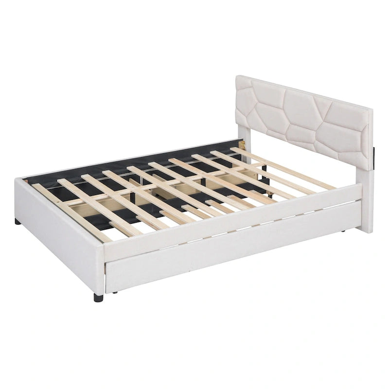 Brick Pattern Headboard Bed Frame Linen Fabric Upholstered Platform Bed, Wood Panel Bed wTrundle Bed & 2 Drawers,Low Profile Bed
