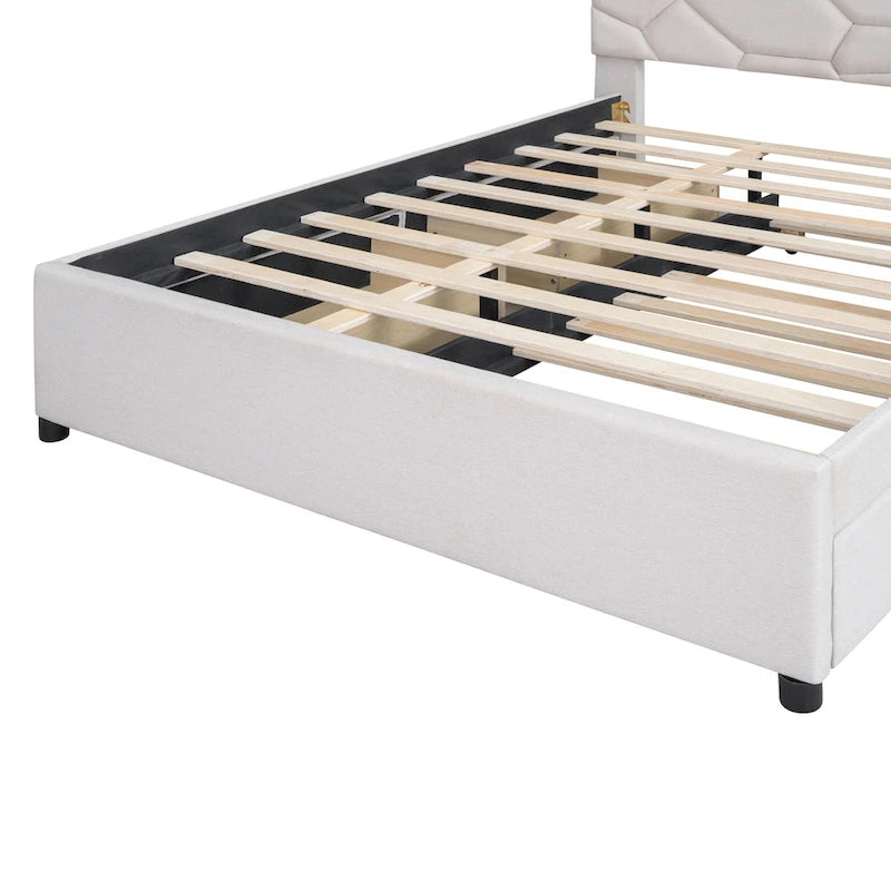 Brick Pattern Headboard Bed Frame Linen Fabric Upholstered Platform Bed, Wood Panel Bed wTrundle Bed & 2 Drawers,Low Profile Bed