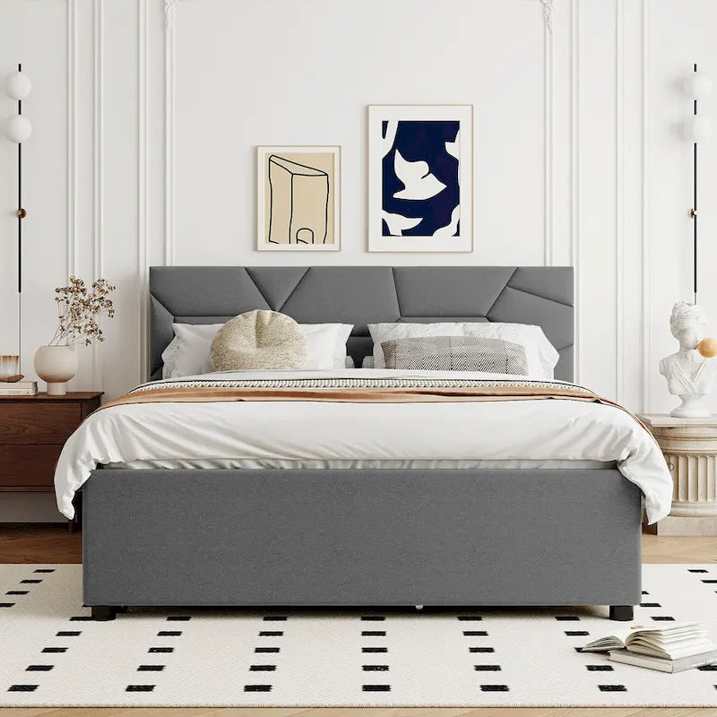 Brick Pattern Headboard Bed Frame Linen Fabric Upholstered Platform Bed, Wood Panel Bed wTrundle Bed & 2 Drawers,Low Profile Bed