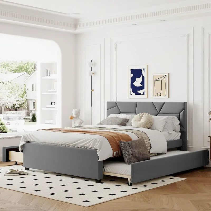 Brick Pattern Headboard Bed Frame Linen Fabric Upholstered Platform Bed, Wood Panel Bed wTrundle Bed & 2 Drawers,Low Profile Bed