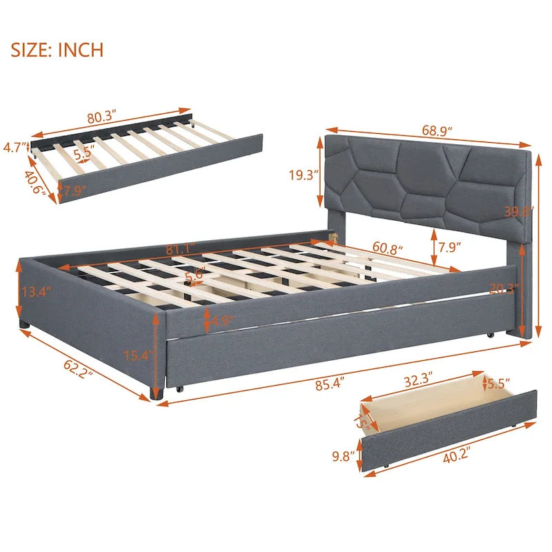 Brick Pattern Headboard Bed Frame Linen Fabric Upholstered Platform Bed, Wood Panel Bed wTrundle Bed & 2 Drawers,Low Profile Bed