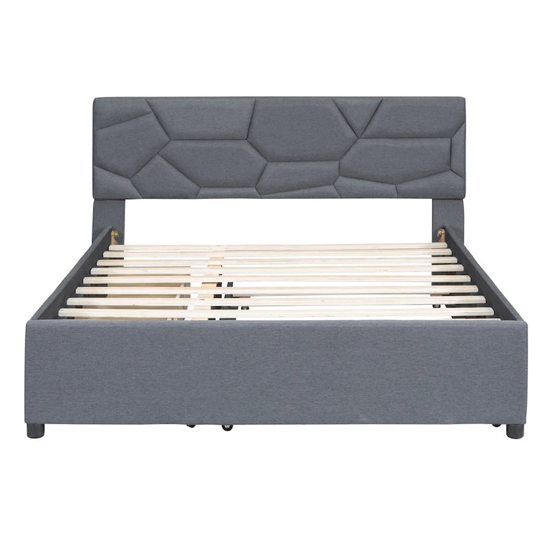 Brick Pattern Headboard Bed Frame Linen Fabric Upholstered Platform Bed, Wood Panel Bed wTrundle Bed & 2 Drawers,Low Profile Bed