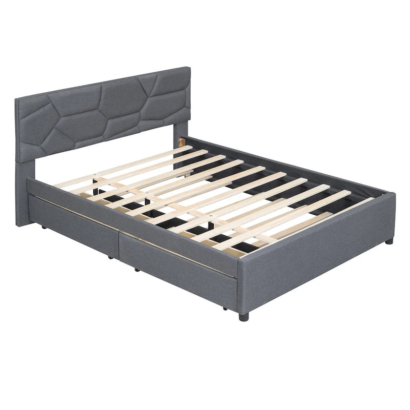 Brick Pattern Headboard Bed Frame Linen Fabric Upholstered Platform Bed, Wood Panel Bed wTrundle Bed & 2 Drawers,Low Profile Bed