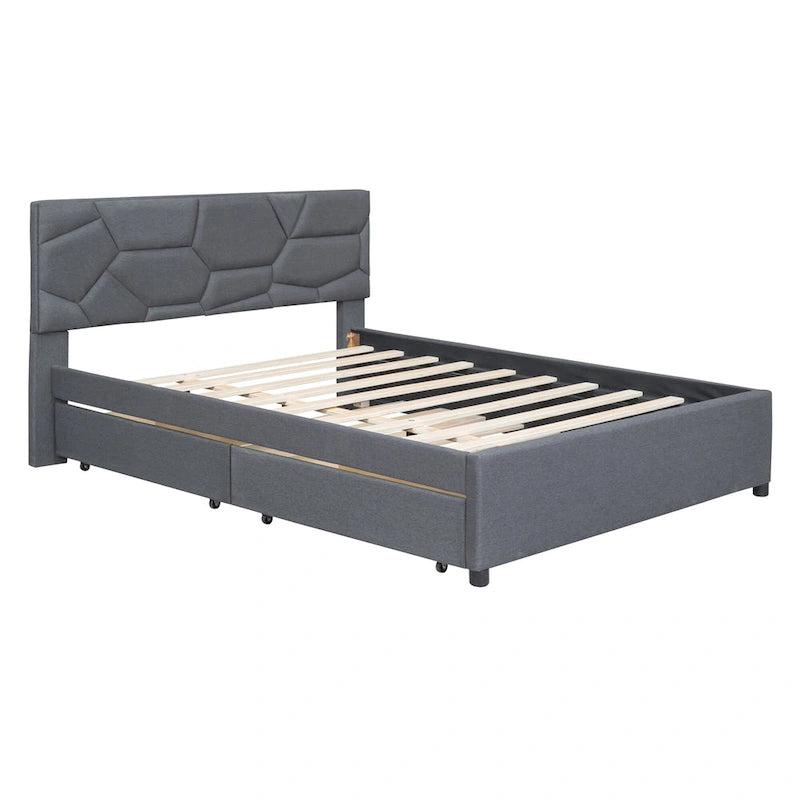 Brick Pattern Headboard Bed Frame Linen Fabric Upholstered Platform Bed, Wood Panel Bed wTrundle Bed & 2 Drawers,Low Profile Bed